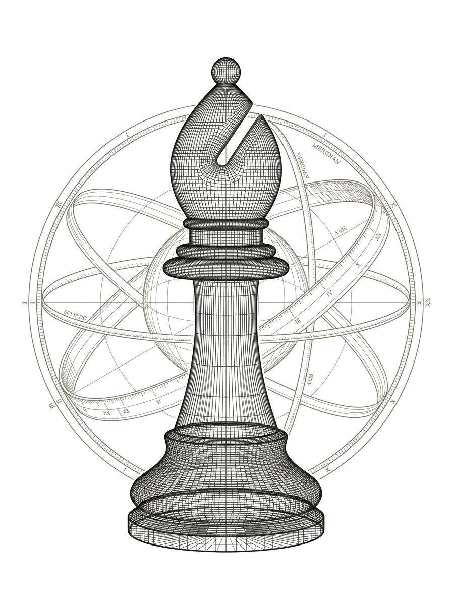 A wireframe chess bishop in fine volumetric mesh, an armillary ring behind it, its mitre slot carrying a single brass accent.