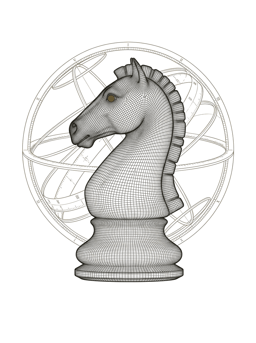 A wireframe chess knight in fine volumetric mesh, an armillary ring behind it, its eye carrying a single brass accent.