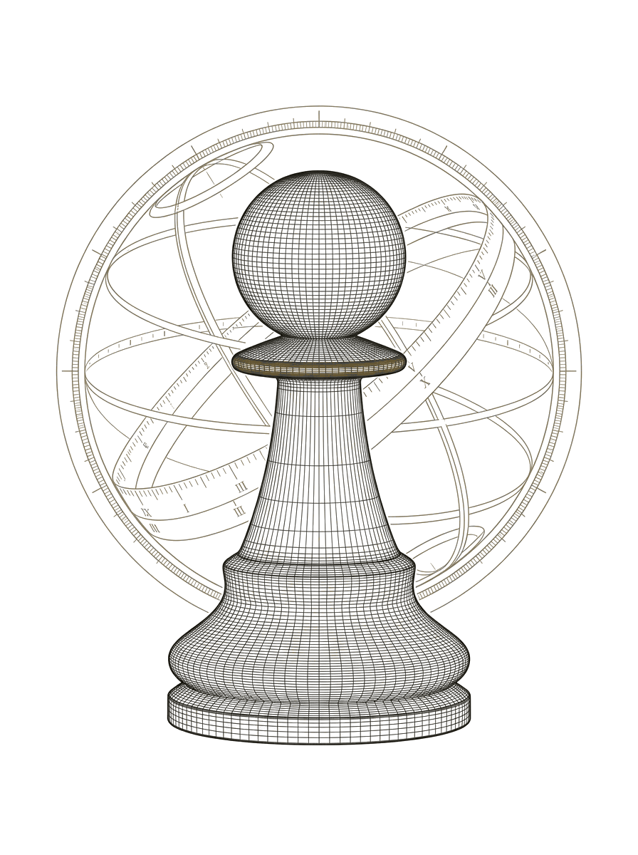 A wireframe chess pawn before an armillary ring, a single brass accent at its crown.