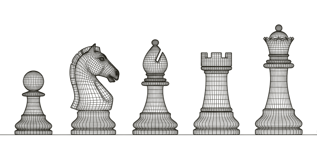 Five wireframe chess pieces on a single baseline, pawn to queen left to right, ascending in height: the ranks the catalog covers. The king is not among them.