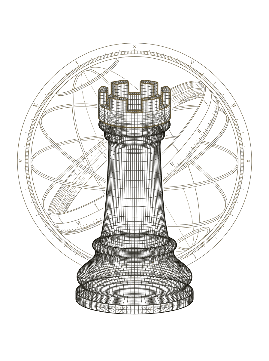 A wireframe chess rook in fine volumetric mesh, an armillary ring behind it, a single brass accent at its crenellation.