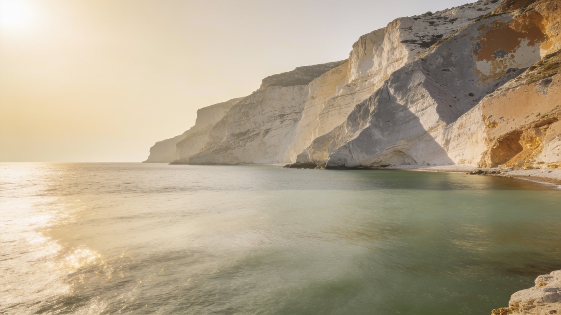 A warm Mediterranean coastline in late light, white cliffs above calm green water. The sea is the industry landscape every practice sits inside.